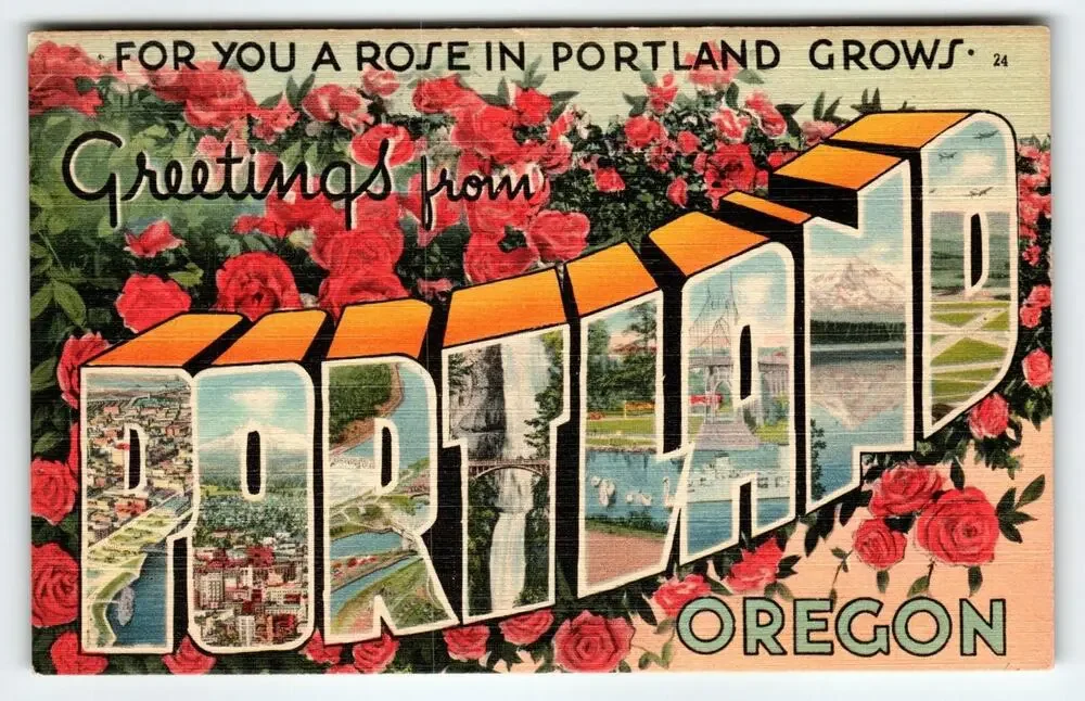Greetings From Portland Oregon 1940's Large Letter Postcard Linen Tichnor